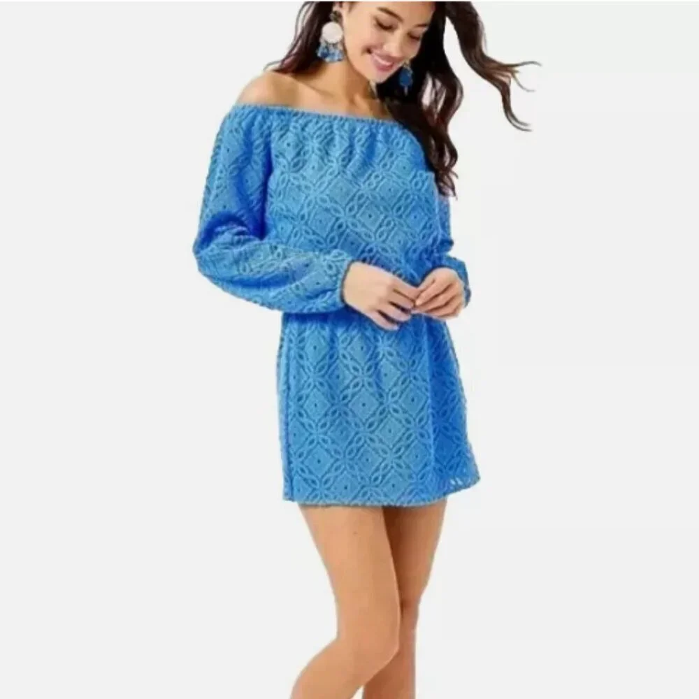 Lilly Pulitzer Lana Off The Shoulder Skort Romper Blue Thistle Trellis Lace XXS‎